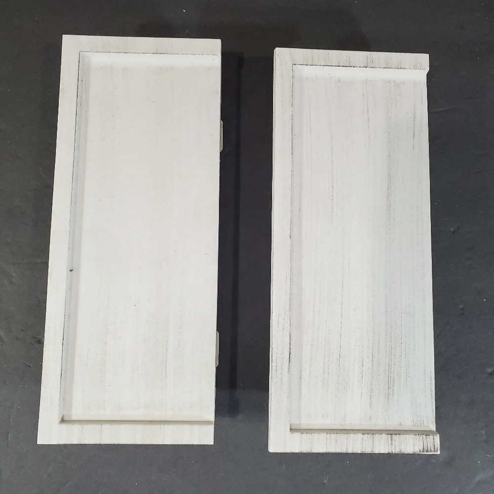 2 Distressed White Resin Floating Wall Shelves w Hanging Hooks Home Decor Accent